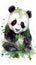 Sleepy Baby Panda Eating Bamboo Adorable Watercolor Portrait for Nursery Decor.