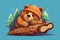 Sleepy bear cartoon character with a cozy pillow. AI