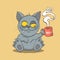 Sleepy cat drinks coffee in the morning