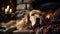 Sleepy Golden Retriever Relaxing During The Holidays In Front of The Warm Fireplace - Generative AI