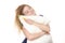 Sleepy happy woman hugging white pillow