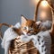 A sleepy kitten snuggled up in a basket, with a plush toy beside it2