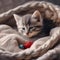 A sleepy kitten snuggled up in a cozy bed, with a toy mouse beside it5