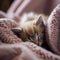 A sleepy kitten snuggled up in a cozy blanket, with its eyes closed1