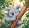 Sleepy Koala in Eucalyptus Tree close up.