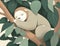 A sleepy little sloth snuggled up high in a green tree. Cute creature. AI generation