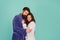Sleepy people blue background. Couple in love bathrobes. Drowsy and weak in morning. Advice relationships surviving