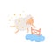 Sleepy sheep surrounded by stars flying through little wooden fence on cloud. Cartoon character of cute domestic animal