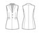 Sleeveless jacket lapelled vest waistcoat technical fashion illustration with notched collar, button-up, fitted body