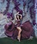 Slender attractive lady like picture of gorgeous artist, flying fluttering purple long satin dress like paint strokes