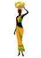 Slender beautiful African-American lady. The girl carries a basket on her head with bananas, oranges, persimmons. Vector