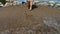 Slender and beautiful girl comes out of the sea to the beach shore, the legs of the girl, close-up. Sun loungers and