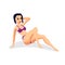 Slender brunette woman dressed in pink swimsuit is sitting. Vector isolated flat cartoon illustration