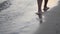 Slender female legs and feet walk along the waves of sea water on the evening sandy beach