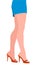 Slender female legs in red high heels and a blue short skirt. Cartoon style. Vector illustration