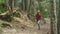 Slender girl goes along the path to the top in the coniferous forest. Tourism in the Caucasus Reserve. Will approach the