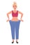 Slender girl shows big pants. The concept of weight loss before diet and after exercise. Healthy lifestyle. Vector graphics