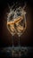 Slender glasses of champagne on a dark background. Pouring, splashing alcohol into the glass. New year holiday, birthday or party.