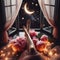 Slender long legs of a young woman on a retro wooden windowsill. A magical and mystical night with the moon in the sky, flowers