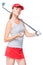 Slender sportswoman golfer with stick and ball on white