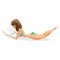 Slender woman dressed in green swimsuit lying and reading a book