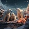 a sleuth of polar bears in a snowy setting during winter, surrounded by Christmas presents and candles