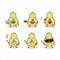 Slice of avocado cartoon character with various types of business emoticons