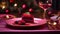 slice of berry cheesecake with fresh berries on a pink plate, with a glass of rose wine, golden cutlery, and Christmas decorations