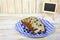 Slice blueberry bread with chalkboard