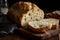 Slice of bread on a dark background. The bread stands out with its crispy crust and soft interior.