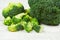 Slice Broccoli on white wooden Background - Vegetable healthy green organic raw broccoli florets ready for cooking food