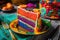 slice of cake, decorated with vibrant colors and intricate details