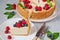 Slice of cheesecake with fresh berries on the white plate - healthy organic summer dessert. Classic New York cheesecake