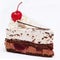 Slice of chocolate cake with cherry on the top isolated