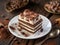 Slice of chocolate cake with tiramisu cream and cocoa powder on wooden table