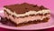 A slice of chocolate and vanilla cake on a pink plate