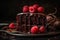 Slice of decadent chocolate cake drizzled with rich ganache, fresh raspberries. AI generated