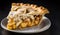 Slice of delicious home baked apple pie on a white plate on black background. Traditional American pastry