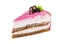 Slice of delicious layered cake with pink glazed, chocolate and