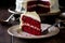 Slice of delicious Red velvet cake on a plate. Generated AI