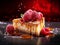 slice of exquisite cheesecake with raspberries and caramel, food photography, created with ai