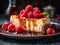 slice of exquisite cheesecake with raspberries and caramel, food photography, created with ai