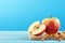 Slice of fresh apple with peanut butter on blue background. Generate Ai