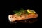 Slice of fresh wild salmon with lemon and dill on black glass