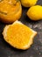 Slice of freshly baked rural bread with homemade citrus jam. Selective focus