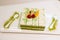 Slice green tea cake on white plate