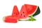 Slice and half of watermelon with mint leaf isolated on a whit