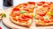 Slice of hot pizza large cheese lunch or dinner crust seafood meat topping sauce. with bell pepper vegetables delicious tasty fast