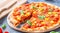 Slice of hot pizza large cheese lunch or dinner crust seafood meat topping sauce. with bell pepper vegetables delicious tasty fast