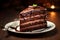 Slice of layered chocolate cake tasty dessert background